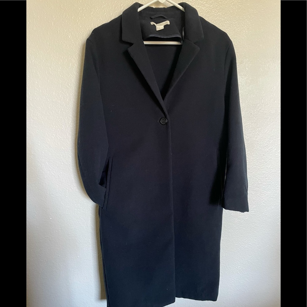 H&M Long Length Trench Coat Wool look heavy Navy Blue sz 4 excellent shape